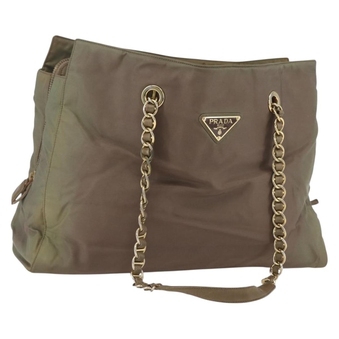 Prada Khaki Nylon Shoulder Bag with Chain Strap and Gold Accents: Prada Khaki Nylon Shoulder Bag with Chain Strap and Gold Accents This PRADA chain shoulder bag is crafted from durable nylon in a khaki and gold color scheme. Designed for everyday use, it features a 