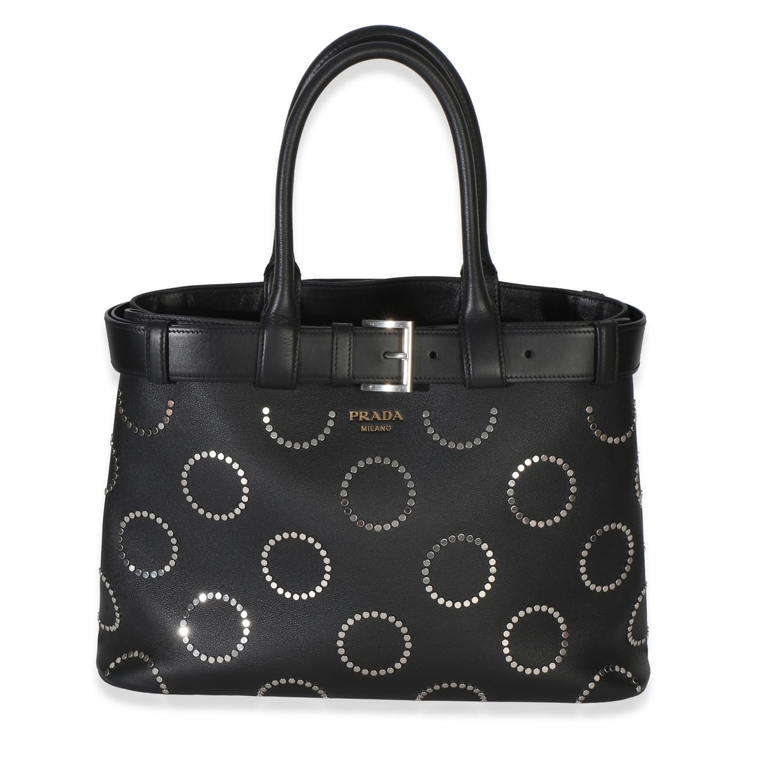 Prada Large Buckle Bag With Belt Black Leather Tote: Prada Large Buckle Bag With Belt Black Leather Tote Pre-owned Prada Large Buckle Bag With Belt in black soft grain calfskin with studded detailing. This unisex tote features an open top design, black 