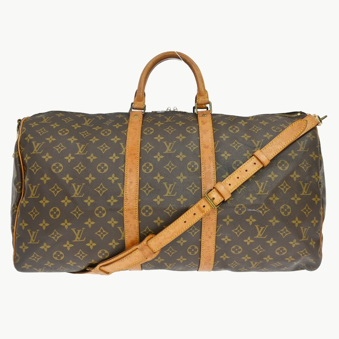Louis Vuitton Keepall Bandouliere 55 Monogram Travel Duffle M41414: Louis Vuitton Keepall Bandouliere 55 Monogram Travel Duffle M41414 Vintage Louis Vuitton Keepall Bandouliere 55 travel bag in brown Monogram canvas with leather handles and trim. This extra large duff