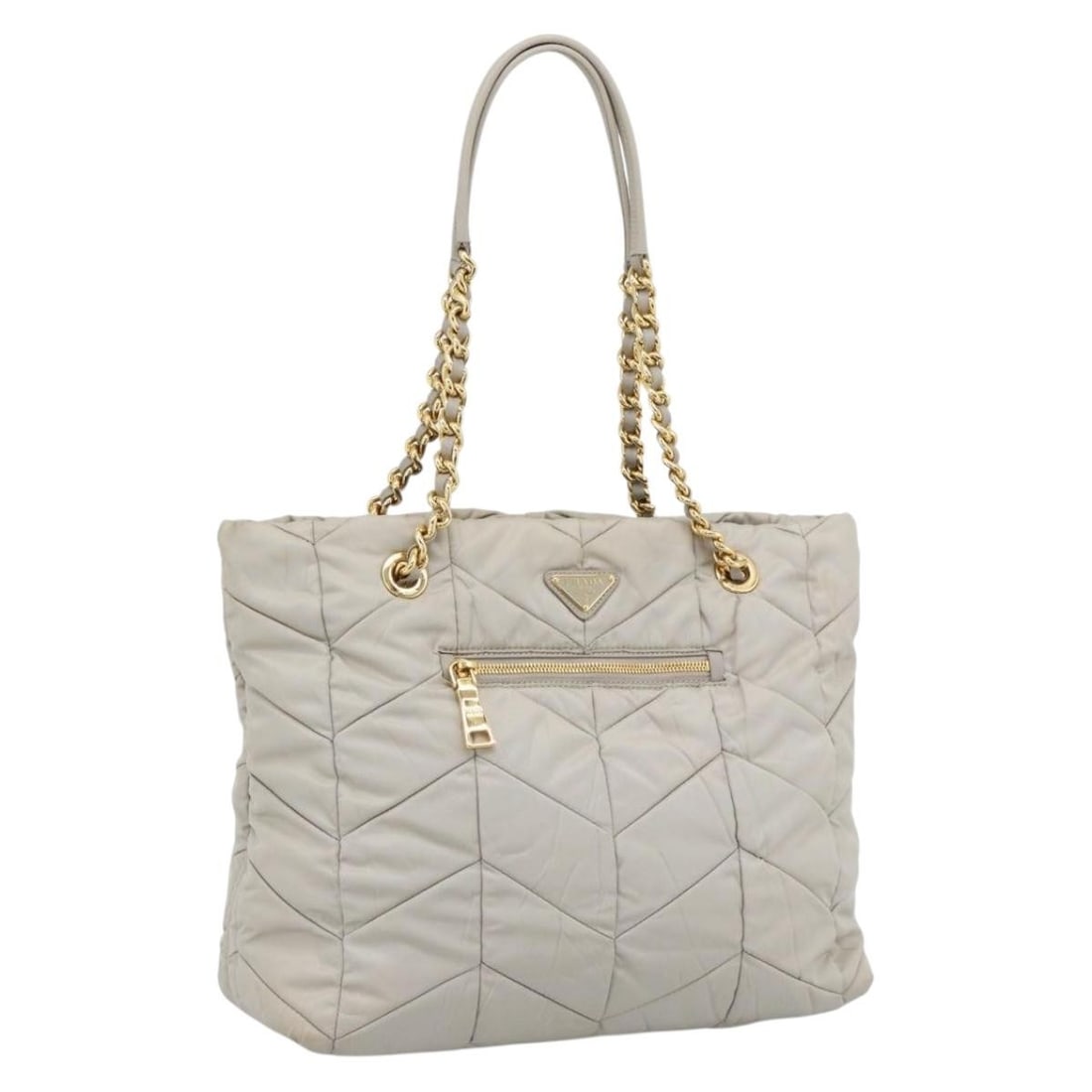 Prada Nylon Tote Bag Gray with Gold Tone Chain Handles: Prada Nylon Tote Bag Gray with Gold Tone Chain Handles Gray and gold Prada chain tote bag in nylon, made in Italy. The bag is heavily used and shows visible wear, including out-of-shape surface, rubbi