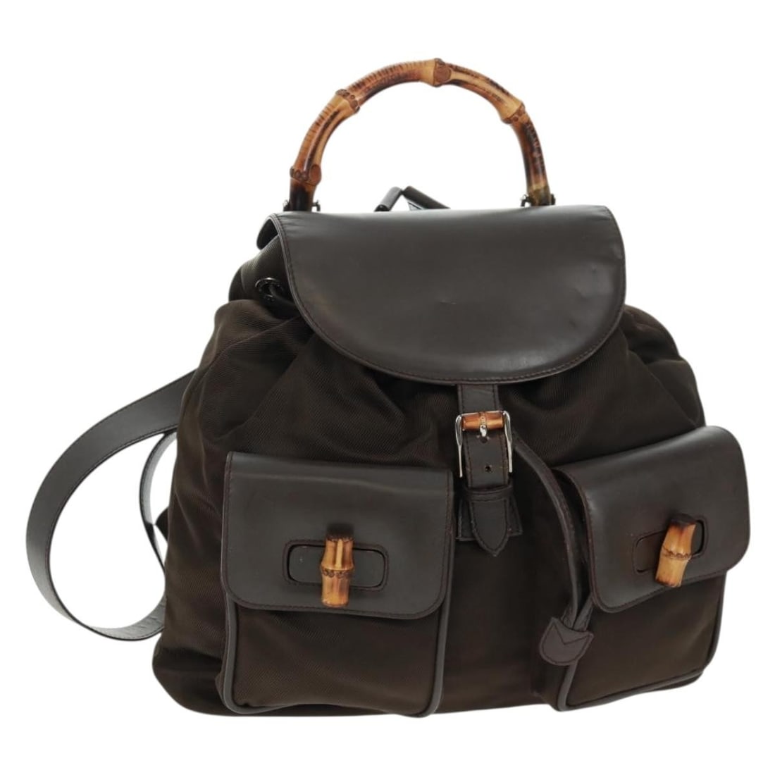 Gucci Brown Nylon Bamboo Backpack Model 003 2058 0016 5 Italy: Gucci Brown Nylon Bamboo Backpack Model 003 2058 0016 5 Italy This is a Gucci Bamboo Backpack crafted from brown and silver nylon. The bag features bamboo accents and silver-tone details. It is made i