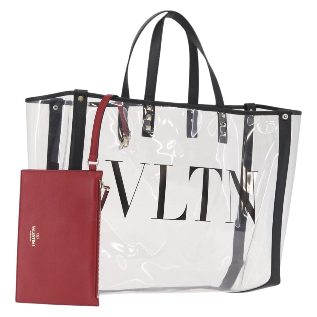 Clear Vinyl Tote with Pouch by Valentino Italy Women's Bag: Clear Vinyl Tote with Pouch by Valentino Italy Women's Bag This Valentino tote bag features a clear vinyl exterior and is designed for women. The bag is heavily used, with noticeable signs of wear inc