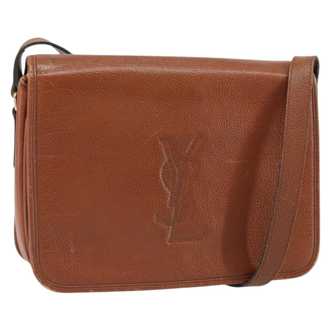 Brown Leather Shoulder Bag SAINT LAURENT Gold Tone France: Brown Leather Shoulder Bag SAINT LAURENT Gold Tone France A brown and gold Saint Laurent leather shoulder bag made in France. The bag measures approximately W23 x H14 x D7 cm, with a shoulder drop of 