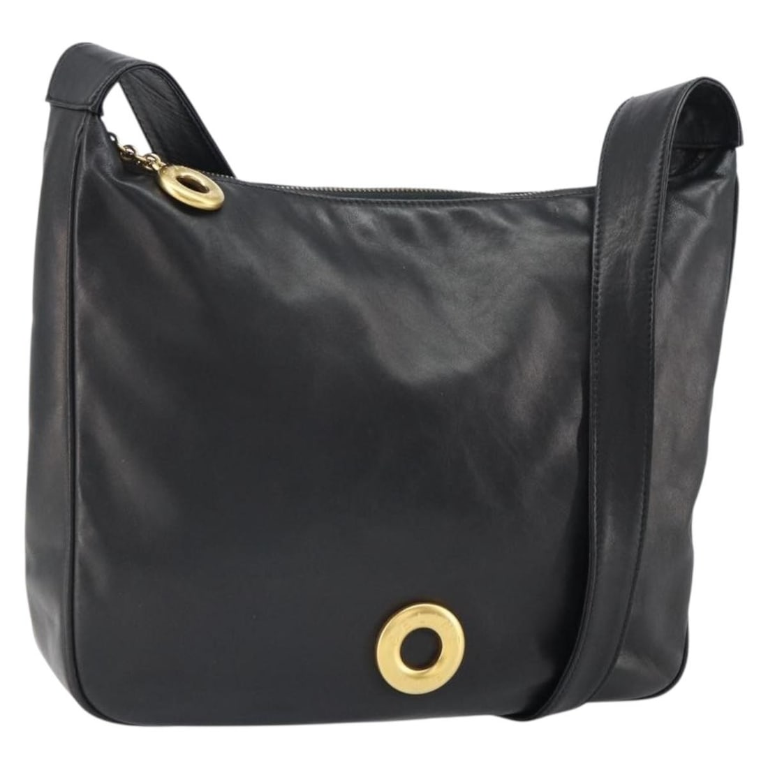 Celine Circle Leather Shoulder Bag Black Gold Italy DM95: Celine Circle Leather Shoulder Bag Black Gold Italy DM95 A CELINE circle shoulder bag in black and gold leather, made in Italy. The bag measures approximately W30 cm x H26 cm x D8 cm, with a shoulder 