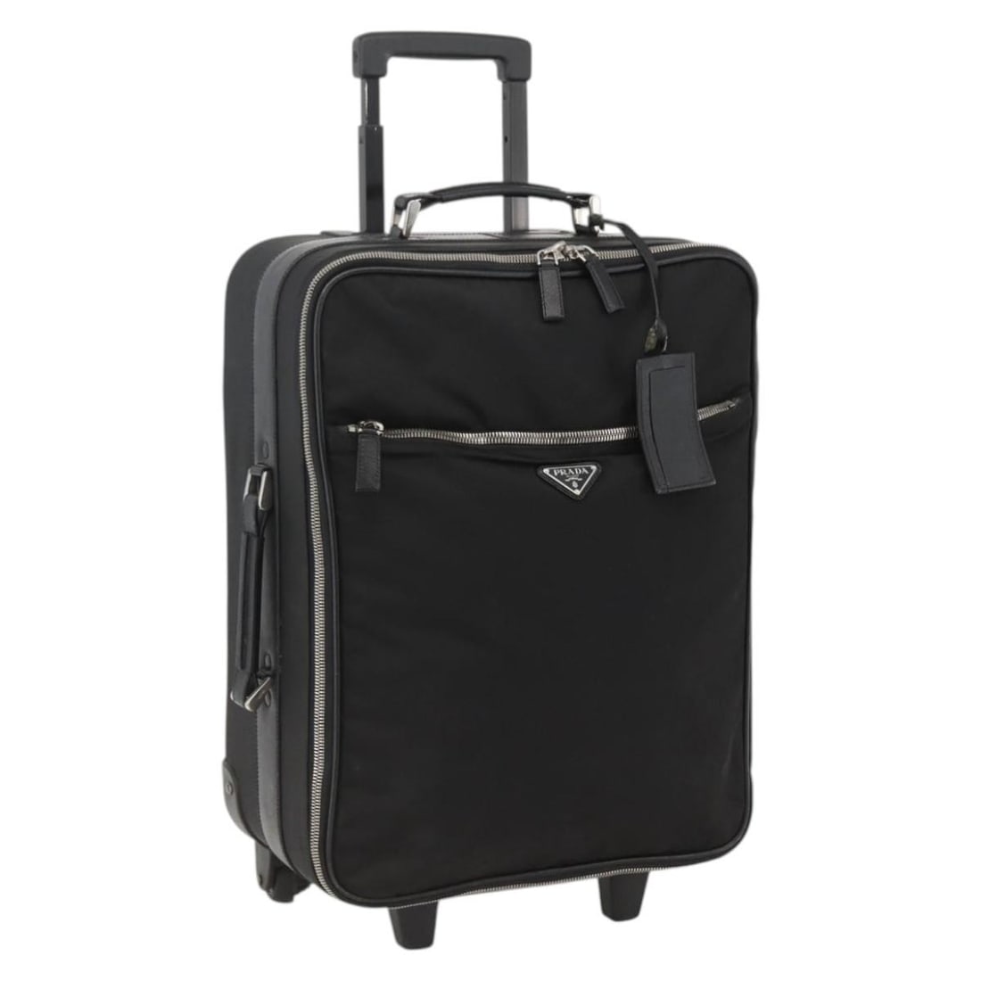 Prada Black Nylon Suitcase with Silver Tone Details and Name Tag: Prada Black Nylon Suitcase with Silver Tone Details and Name Tag This Prada carry case is crafted from black nylon with silver-tone accents and is designed as a suitcase-style travel bag. It features 