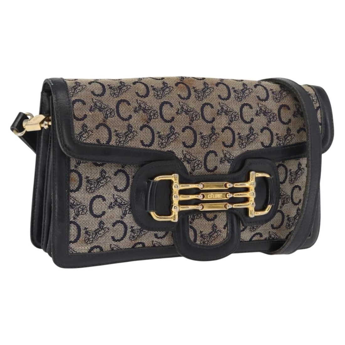 Celine Sulky Canvas Shoulder Bag Navy and Gold Tone 166645: Celine Sulky Canvas Shoulder Bag Navy and Gold Tone 166645 This CELINE C Sulky shoulder bag features a navy and gold canvas exterior with a stylish silhouette. The bag has a shoulder strap with a 16.1