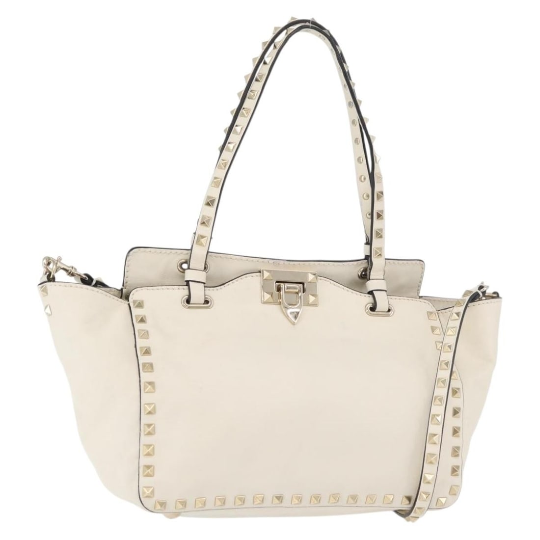 Valentino White Leather 2way Handbag with Shoulder Strap Gold Tone: Valentino White Leather 2way Handbag with Shoulder Strap Gold Tone A Valentino leather 2way handbag in white and gold, made in Italy. It comes with a shoulder strap and instruction manual card. The ba