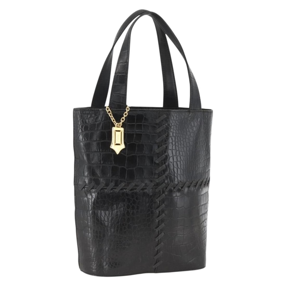 Black Leather Hand Bag SAINT LAURENT Gold Tone Italy: Black Leather Hand Bag SAINT LAURENT Gold Tone Italy Saint Laurent hand bag in black/gold embossed leather, made in Italy. This women's bag measures approximately 23 cm W x 28 cm H x 11 cm D, with a h