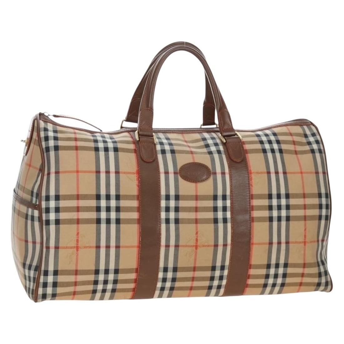 Burberrys Boston Bag in Beige Canvas with Nova Check: Burberrys Boston Bag in Beige Canvas with Nova Check Burberrys Nova Check Boston Bag in beige and gold canvas. This Boston bag features the Nova Check pattern and measures approximately 51 cm wide, 28
