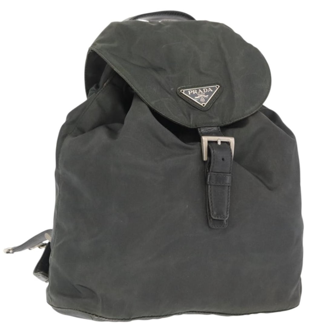 Prada Khaki Nylon Backpack with Silver Tone Hardware: Prada Khaki Nylon Backpack with Silver Tone Hardware This is a PRADA nylon backpack in khaki with silver-tone accents, made in Italy. It measures approximately W24 cm x H26 cm x D12 cm (W9.4 x H10.2 x