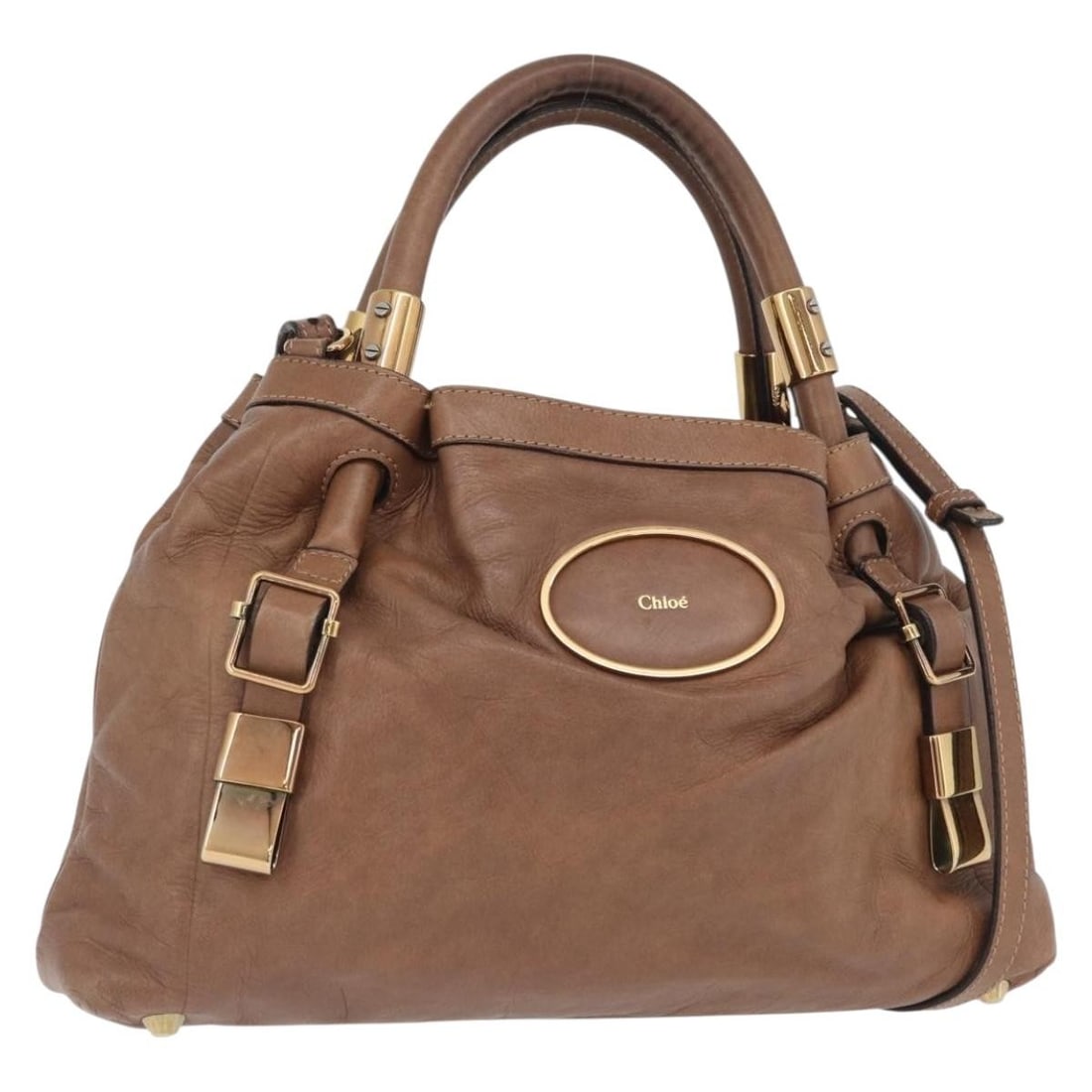 Chloe Victoria Brown Gold Leather Shoulder Bag with Strap: Chloe Victoria Brown Gold Leather Shoulder Bag with Strap This Chloe Victoria handbag features a 2-way design crafted from brown and gold leather. The bag includes both a handle and a detachable shoul