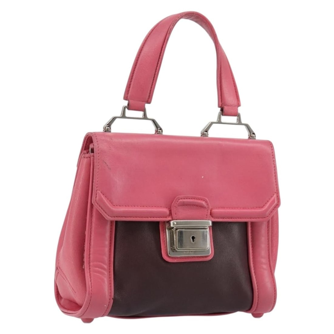 Miu Miu Leather Pink Brown Silver Handbag 2way Italy: Miu Miu Leather Pink Brown Silver Handbag 2way Italy This Miu Miu handbag is crafted from leather and features a stylish combination of pink, brown, and silver colors. Designed for versatility, it off