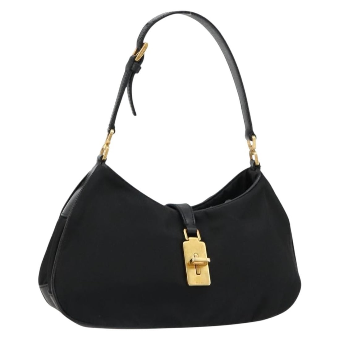 PRADA Nylon Accessory Pouch Black Gold Tone Italy: PRADA Nylon Accessory Pouch Black Gold Tone Italy PRADA accessory pouch in black and gold nylon, made in Italy. This women's pouch measures approximately 25 cm wide, 12 cm high, and 5 cm deep. The ite