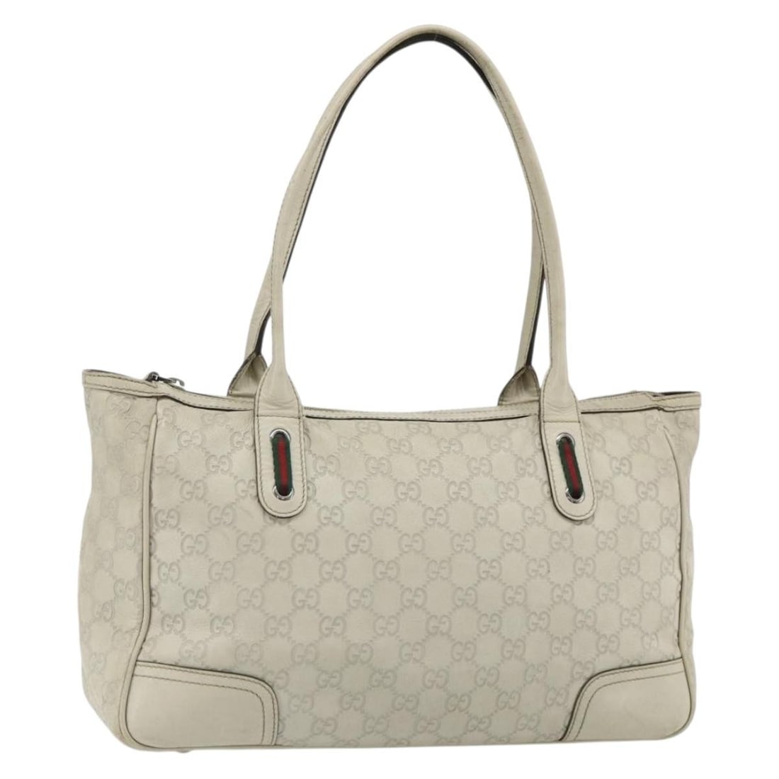Gucci 293599 Guccissima GG Canvas Ivory Leather Tote Bag: Gucci 293599 Guccissima GG Canvas Ivory Leather Tote Bag This Gucci tote bag is crafted from leather and GG canvas in an ivory and silver colorway. It features the Web Sherry Line design, was made in 