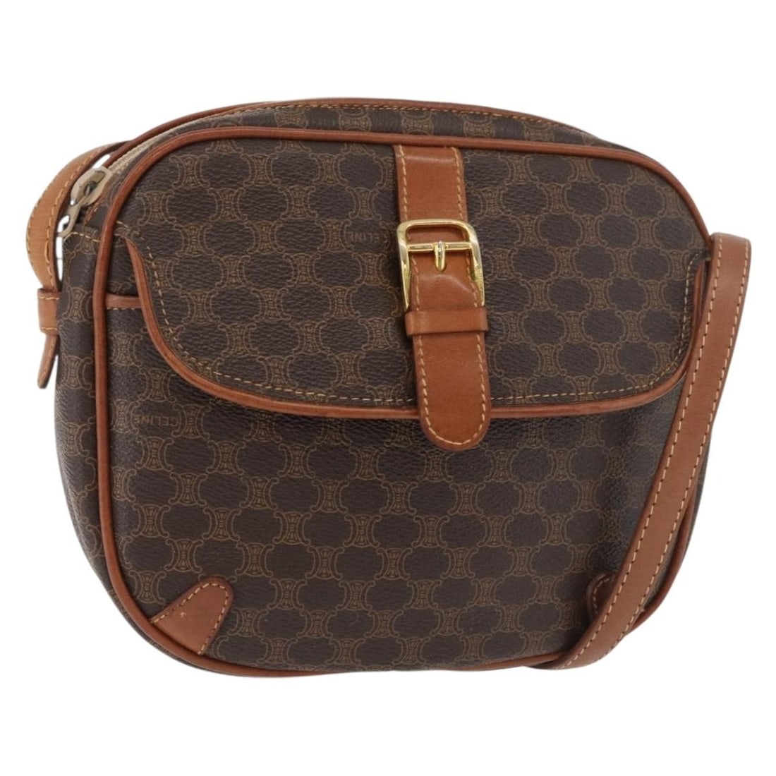CELINE Macadam Shoulder Bag Brown PVC Leather Gold Tone: CELINE Macadam Shoulder Bag Brown PVC Leather Gold Tone A CELINE Macadam Canvas shoulder bag in brown and gold, made in Italy from PVC leather and Macadam canvas. This women's bag measures approximate