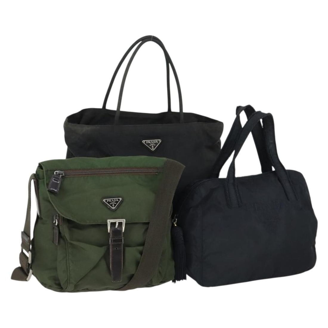 Prada nylon black navy khaki shoulder bag set: Prada nylon black navy khaki shoulder bag set This PRADA shoulder bag set includes three nylon bags in black, navy, and khaki. Designed for women and made in Italy, these bags feature a practical and 