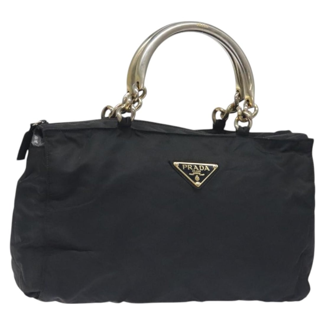 Prada black nylon women's handbag gold tone Italy: Prada black nylon women's handbag gold tone Italy This PRADA handbag is crafted from durable black nylon with gold-tone accents. Designed for women, it features a spacious interior and practical dimen