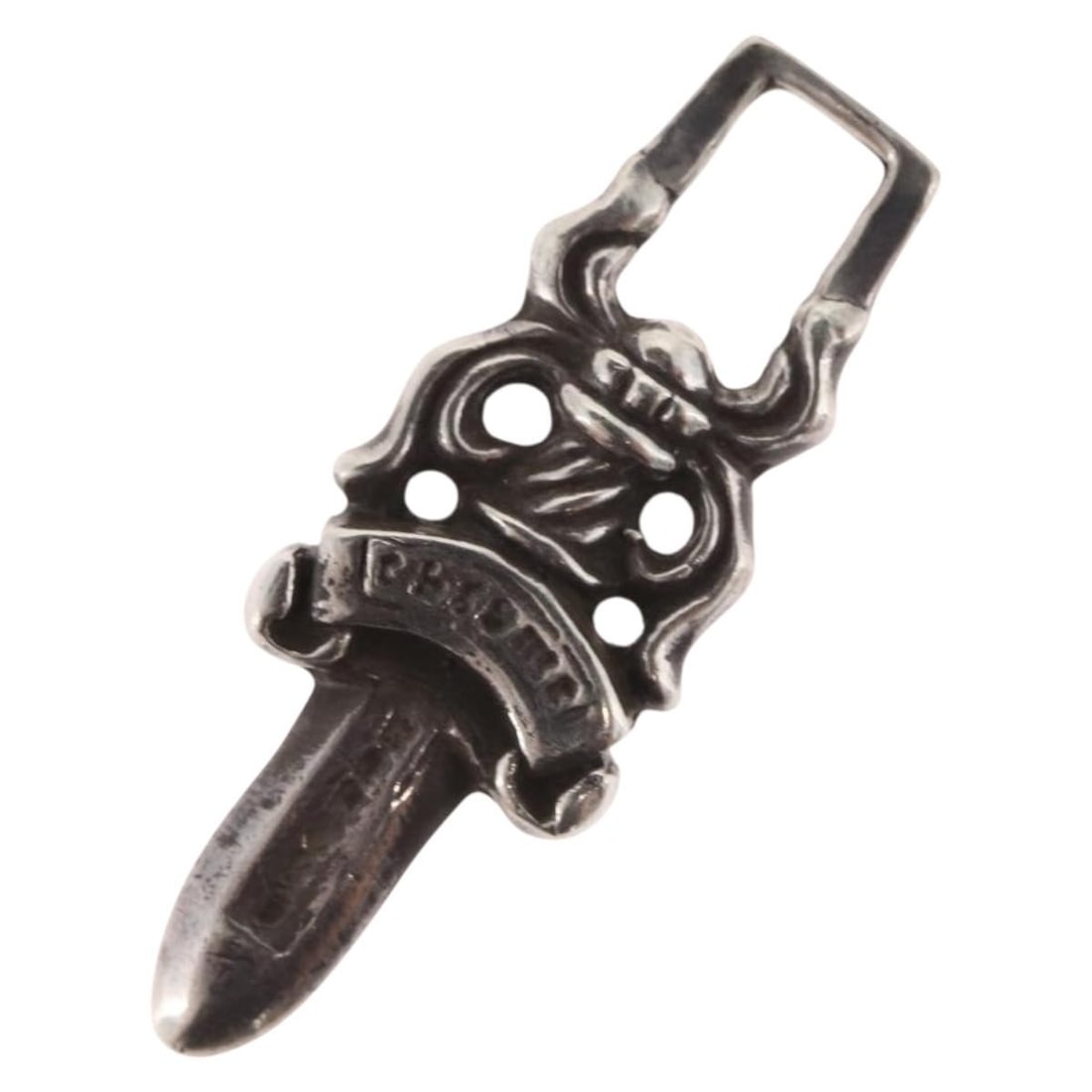 Chrome Hearts AG925 silver pendant top Dagger charm: Chrome Hearts AG925 silver pendant top Dagger charm Chrome Hearts dagger charm pendant top in silver. The piece is listed in heavily used condition with visible surface scratches and slight darkening.