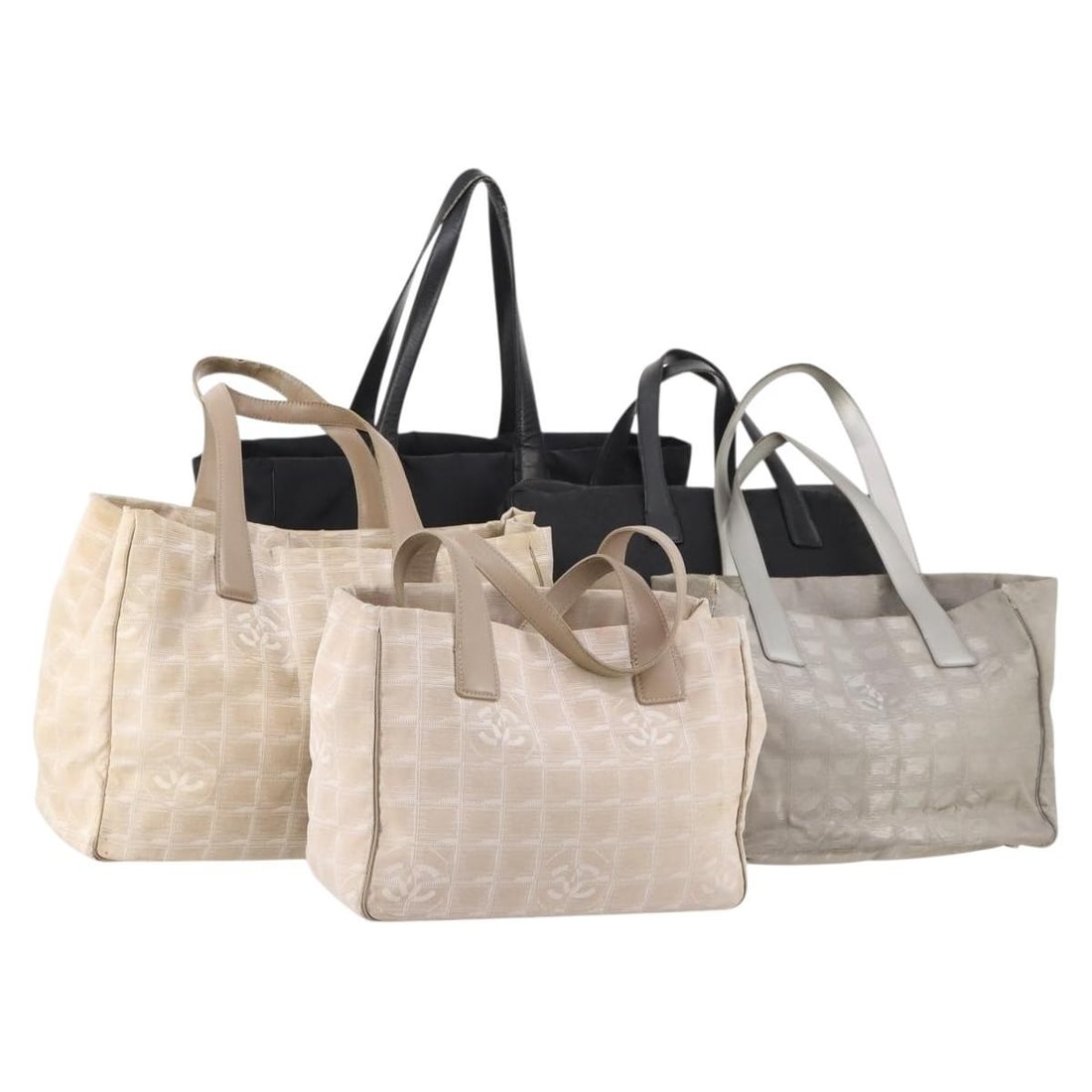 5 Piece CHANEL New Travel Line Canvas Tote Bag Set CC Black Gray Pink: 5 Piece CHANEL New Travel Line Canvas Tote Bag Set CC Black Gray Pink CHANEL New Travel Line tote bag set in canvas with a black, gray, and pink colorway. This listing is for the item shown in the pho