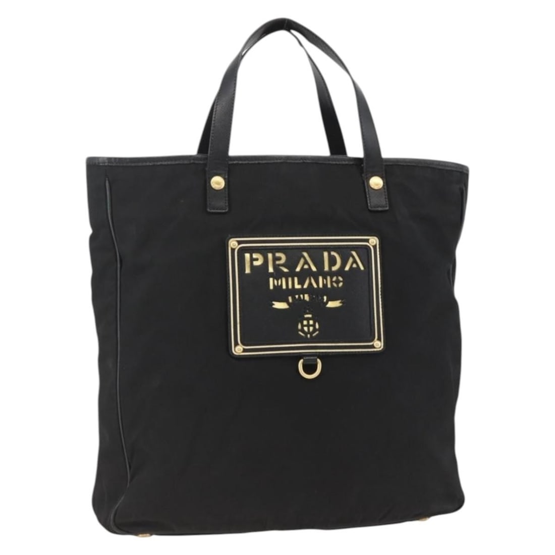 Prada Black Nylon Gold Tote Handbag Italy 12.6in: Prada Black Nylon Gold Tote Handbag Italy 12.6in This PRADA hand bag features a black and gold nylon exterior, offering a sleek and versatile look. Designed for women, it is made in Italy and showcase