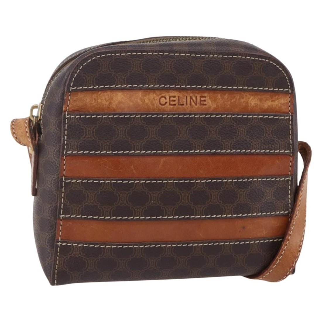 CELINE Brown Gold Macadam Canvas Shoulder Bag PVC Leather Auth: CELINE Brown Gold Macadam Canvas Shoulder Bag PVC Leather Auth This CELINE Macadam Canvas Shoulder Bag is a stylish accessory crafted from durable PVC leather, featuring a chic brown and gold color co