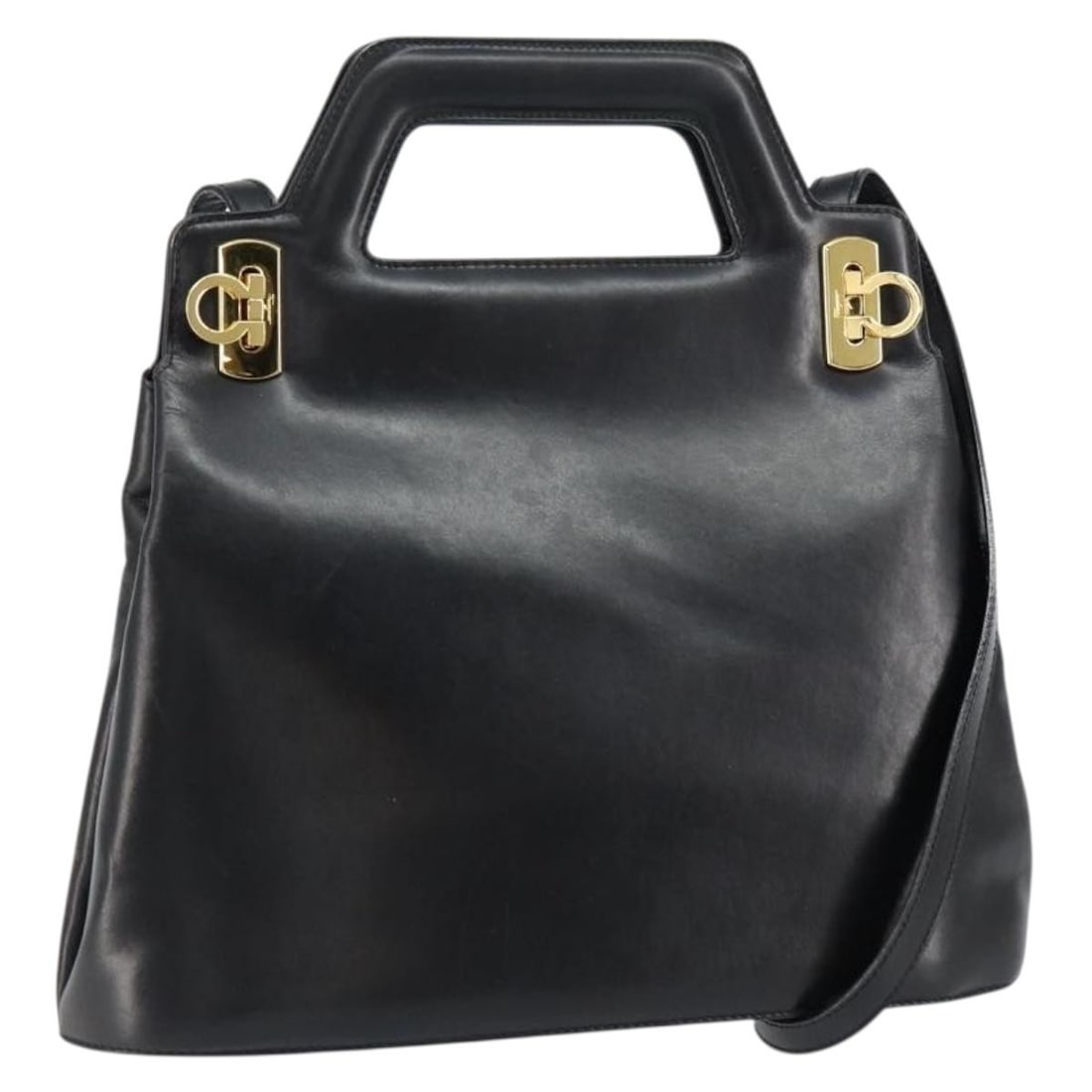 Salvatore Ferragamo Gancini 2way leather handbag with shoulder strap black gold: Salvatore Ferragamo Gancini 2way leather handbag with shoulder strap black gold Salvatore Ferragamo Gancini 2-way handbag in black leather with gold-tone accents. This women's bag includes a shoulder 