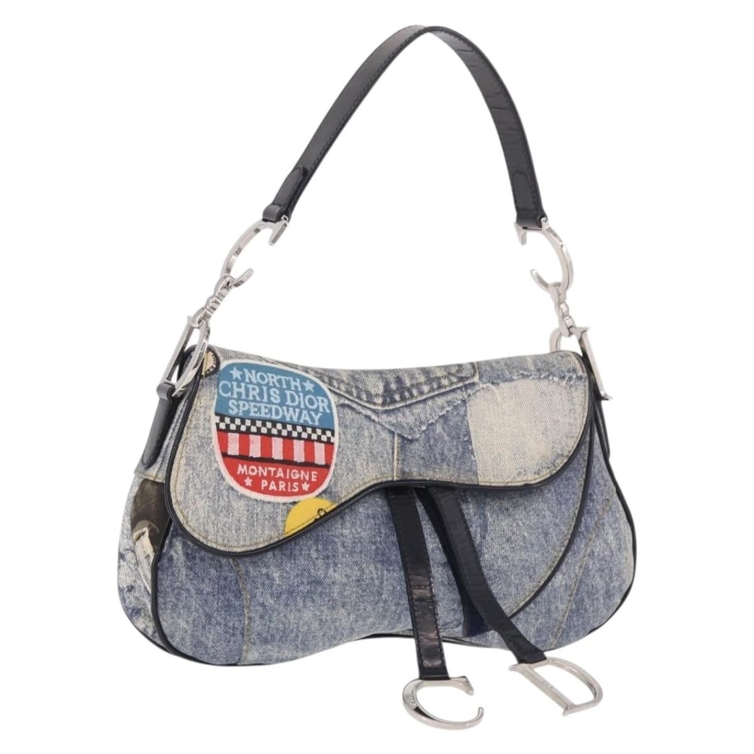 Christian Dior Saddle Hand Bag Blue Canvas Silver Tone: Christian Dior Saddle Hand Bag Blue Canvas Silver Tone Christian Dior Double Saddle Hand Bag in blue and silver with a canvas exterior. This hand bag was made in Italy and measures approximately W30 c