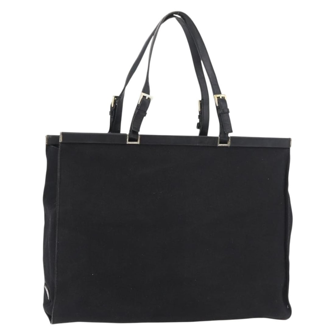 PRADA Black Canvas Tote Bag Gold Tone Italy: PRADA Black Canvas Tote Bag Gold Tone Italy PRADA tote bag in black and gold canvas, made in Italy. It features a women's tote style with a handle drop of approximately 8.7 inches (22 cm). The bag is 