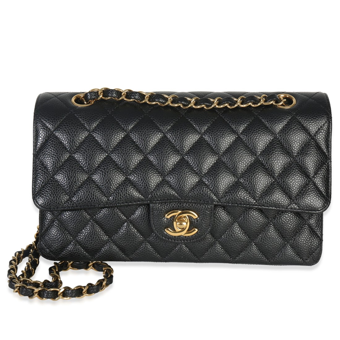 Chanel Medium Classic Double Flap Black Caviar Shoulder Bag: Chanel Medium Classic Double Flap Black Caviar Shoulder Bag This Chanel Medium Classic Double Flap Handbag features luxurious black quilted caviar leather with gold-tone hardware. Designed as a should