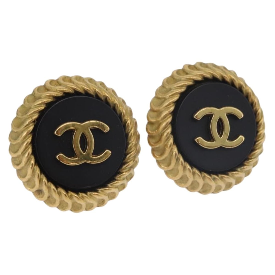 CHANEL CC Gold Tone Metal Earring France: CHANEL CC Gold Tone Metal Earring France CHANEL earring in gold tone metal, made in France. The item comes with the original box and is described as heavily used, with surface rubbing and scratches, p