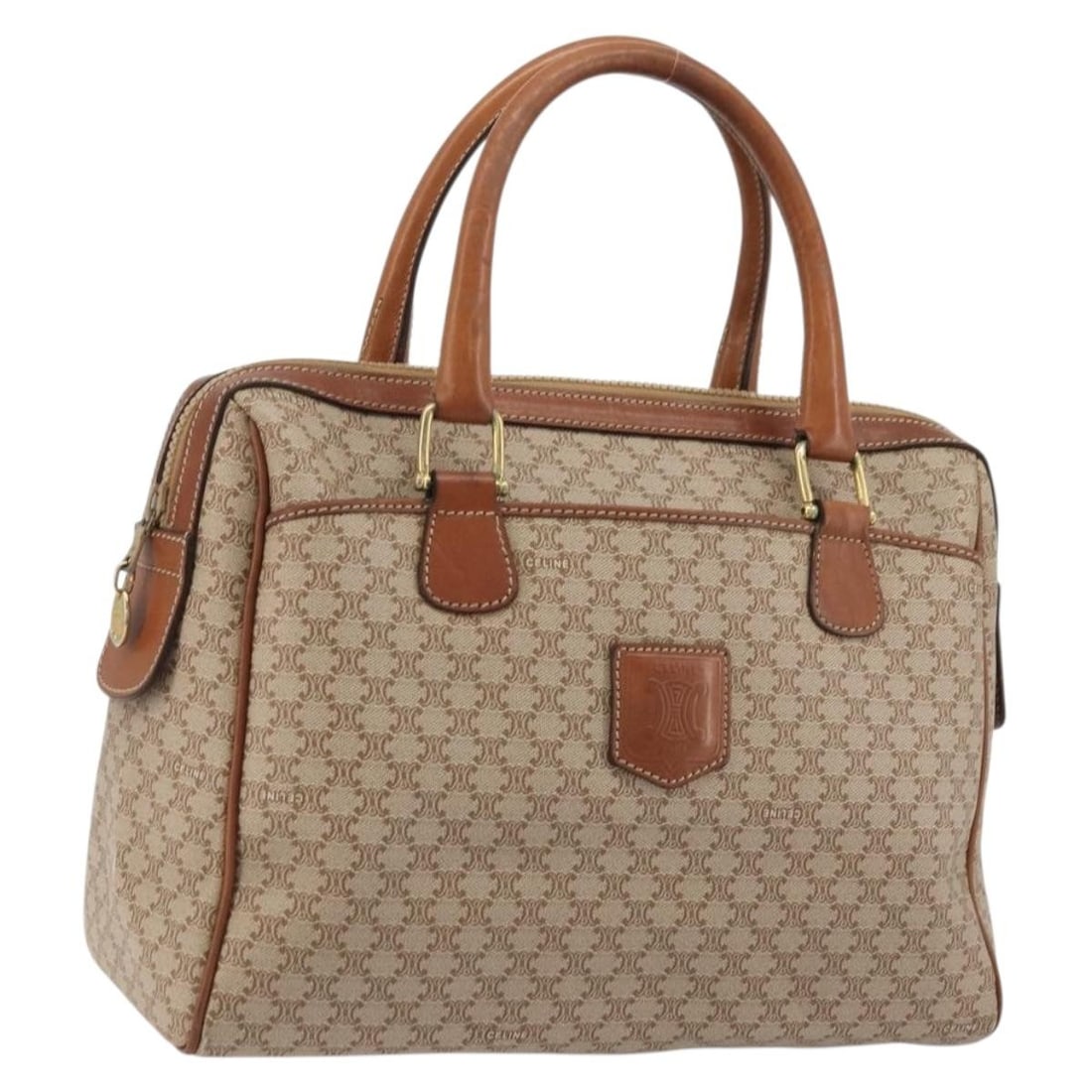 Celine Macadam Canvas PVC Handbag Beige Gold Tone Italy: Celine Macadam Canvas PVC Handbag Beige Gold Tone Italy A CELINE hand bag in beige and gold, made from Macadam Canvas. It measures approximately 30 cm W x 21 cm H x 11 cm D, with a handle drop of abou