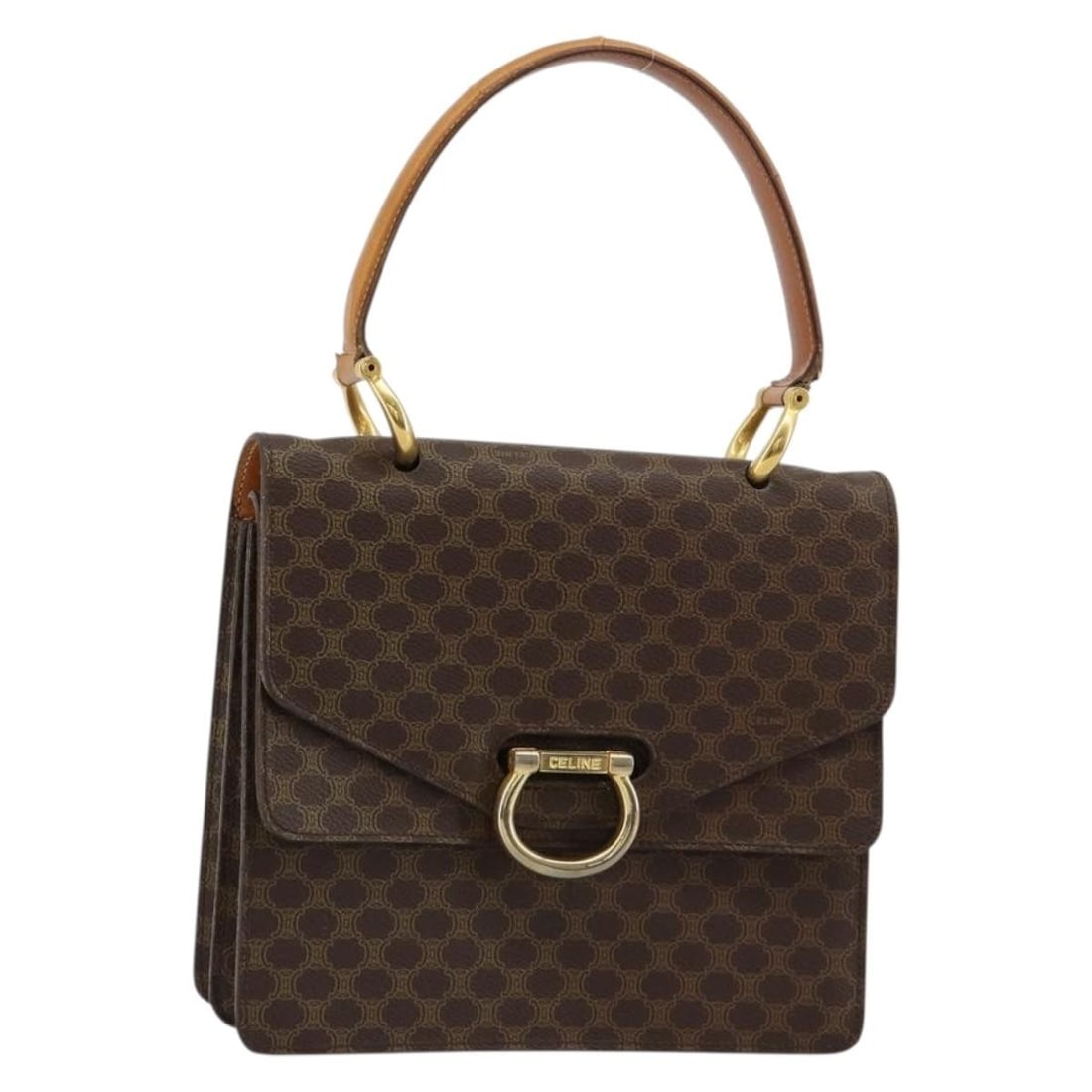 CELINE Macadam Canvas PVC Leather Handbag Brown Gold Tone: CELINE Macadam Canvas PVC Leather Handbag Brown Gold Tone Celine Macadam canvas hand bag in brown with PVC leather trim and gold-tone accents. Made in Italy, this women's bag is offered without the or
