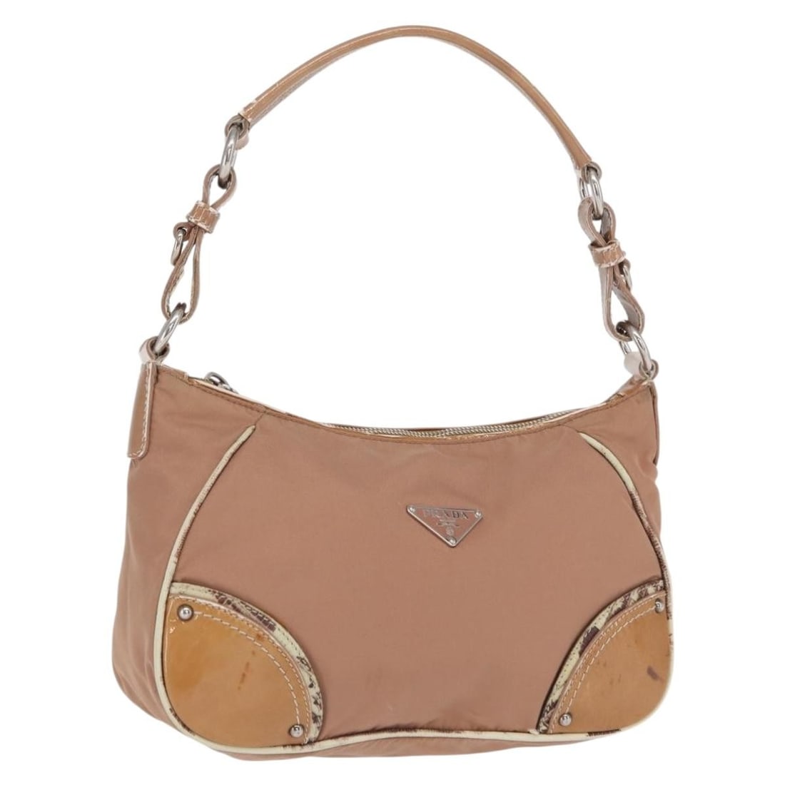 PRADA Beige Nylon Shoulder Bag Silver Tone Italy: PRADA Beige Nylon Shoulder Bag Silver Tone Italy A Prada shoulder bag in beige and silver nylon, made in Italy and designed for women. The bag measures approximately 25 cm W x 17 cm H x 10 cm D, with 