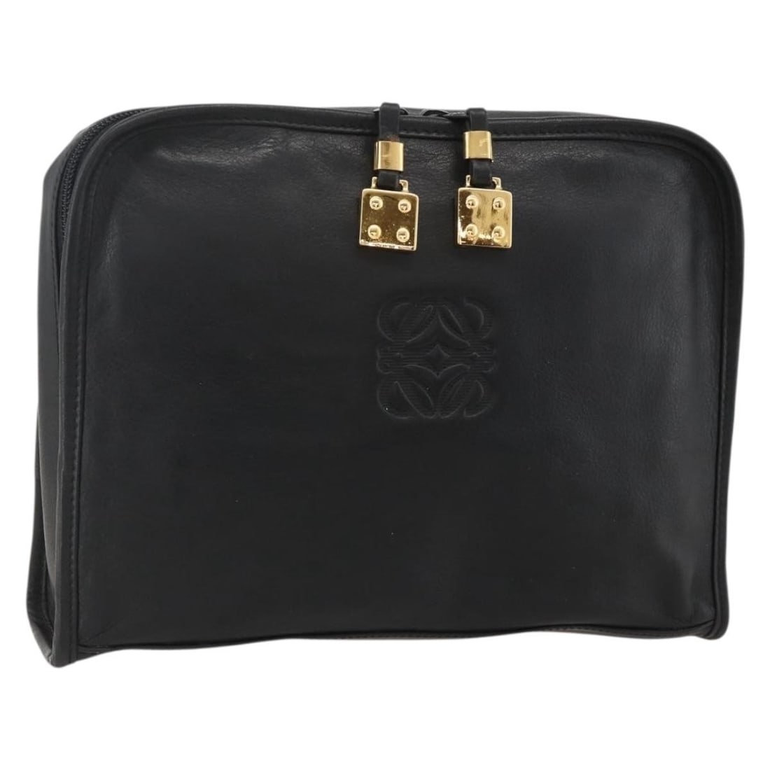 LOEWE black gold leather clutch bag auth: LOEWE black gold leather clutch bag auth This LOEWE Anagram clutch bag features a sleek black and gold leather exterior and is crafted in Spain. The bag has a compact design with approximate dimension