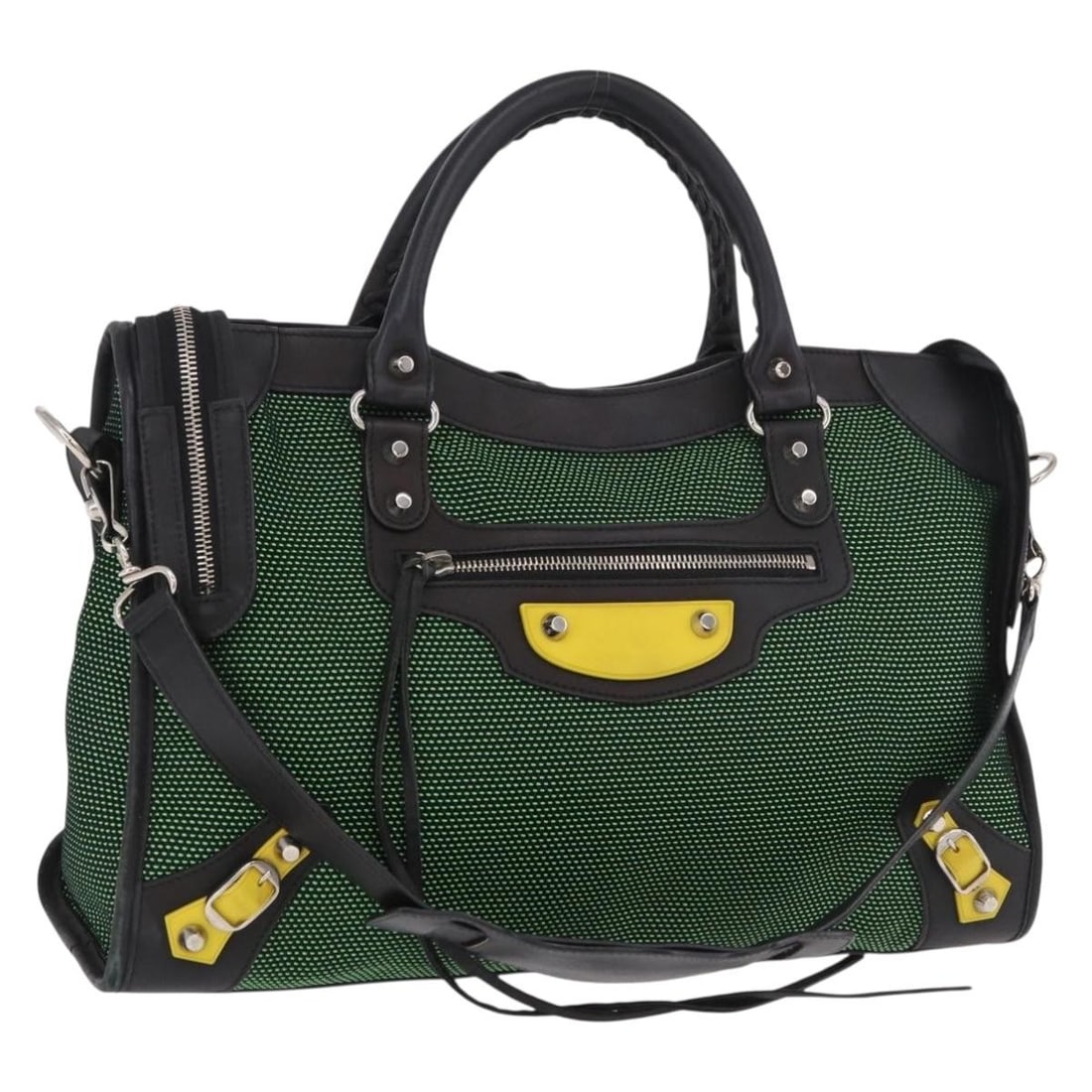 Balenciaga 115748 The City Canvas 2way Handbag Green Silver: Balenciaga 115748 The City Canvas 2way Handbag Green Silver Balenciaga The City handbag in green and silver canvas, styled as a 2-way bag with a shoulder strap. It comes with a dust bag and shoulder s