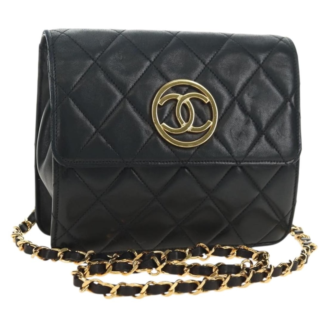 CHANEL Matelasse Lambskin Shoulder Bag Black Gold Tone CC: CHANEL Matelasse Lambskin Shoulder Bag Black Gold Tone CC CHANEL Matelasse chain shoulder bag in black and gold lamb skin leather, made in Italy. This women's shoulder bag features a compact silhouett
