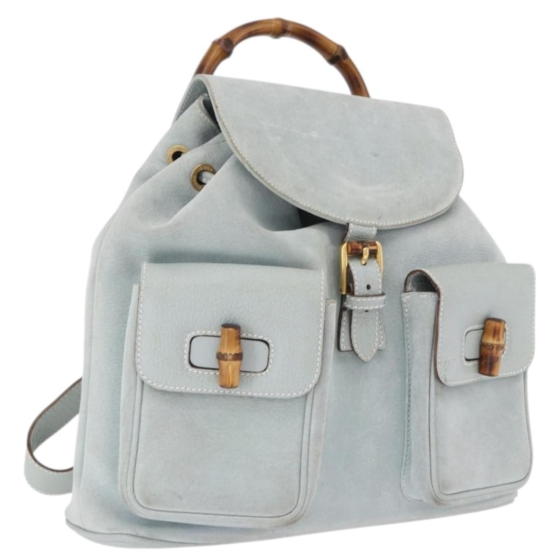 Gucci 003 2058 0016 Suede Backpack Light Blue Gold Bamboo: Gucci 003 2058 0016 Suede Backpack Light Blue Gold Bamboo Gucci Bamboo Backpack in suede with a light blue and gold colorway. Made in Italy, this women's backpack measures approximately 30 cm W x 28 c