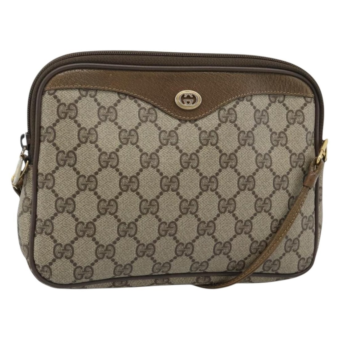 Gucci 97 02 068 GG Supreme PVC Leather Shoulder Bag Beige Gold: Gucci 97 02 068 GG Supreme PVC Leather Shoulder Bag Beige Gold A Gucci shoulder bag in beige and gold, made from PVC leather and GG canvas. It features a compact silhouette with a shoulder strap and w