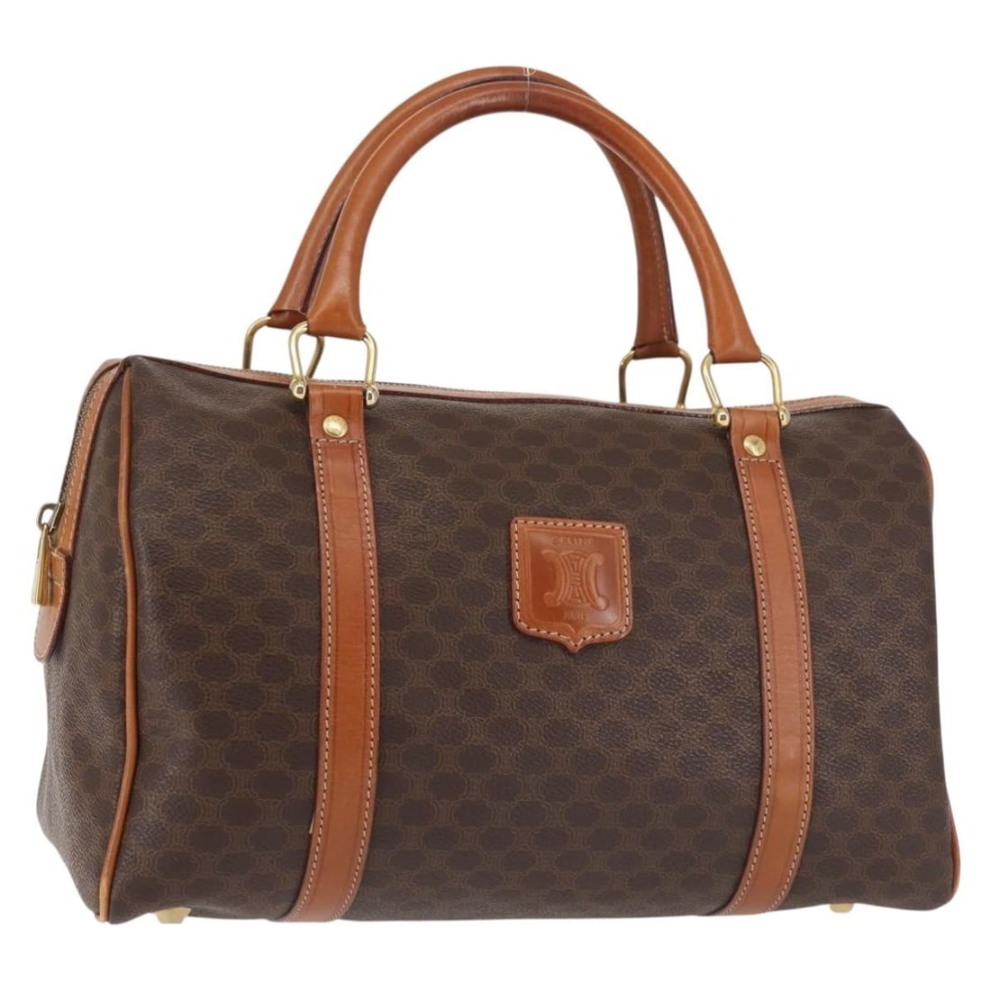 Celine Macadam Boston Bag Brown PVC Canvas with Padlock Key Clochette: Celine Macadam Boston Bag Brown PVC Canvas with Padlock Key Clochette A CELINE Boston bag in brown and gold, made from PVC leather and Macadam canvas. It comes with a padlock, two keys, and a clochett