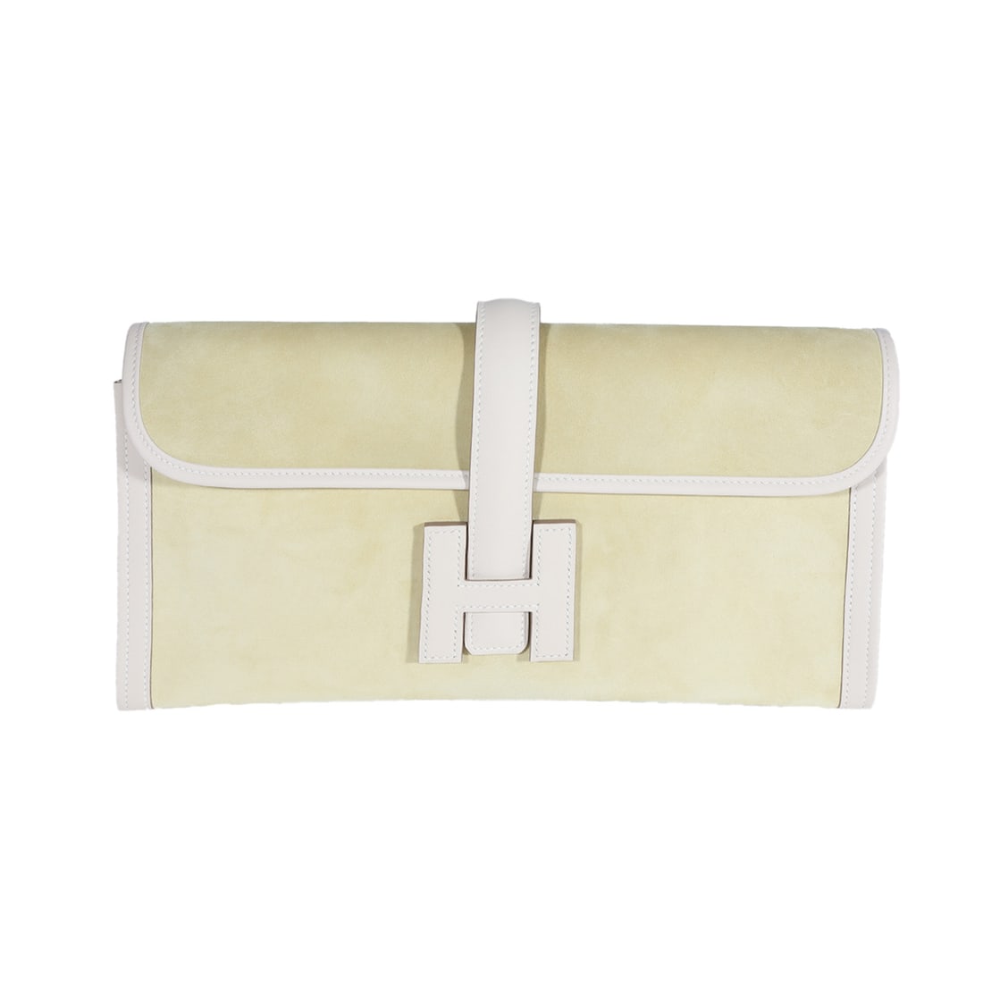 Hermes Jige Elan 29 clutch in Mimosa Veau Doblis and Craie Swift: Hermes Jige Elan 29 clutch in Mimosa Veau Doblis and Craie Swift Hermes Jige Elan 29 clutch in green suede with a buckle closure and leather lining. The bag is identified as the Jige Elan model, size 