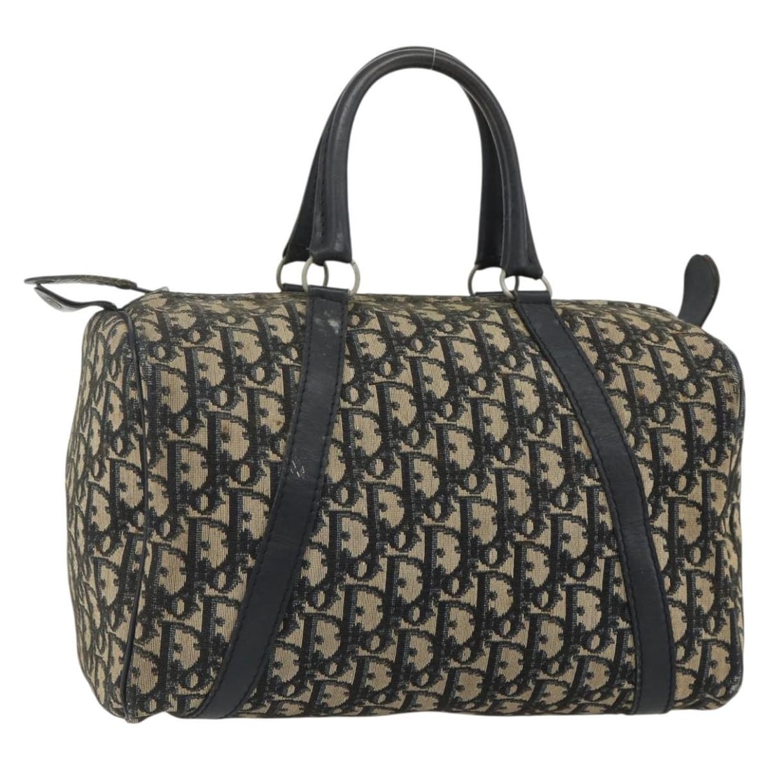 Christian Dior Boston Bag in Navy Silver Trotter Canvas: Christian Dior Boston Bag in Navy Silver Trotter Canvas Christian Dior Boston bag in Trotter Canvas with a navy and silver exterior. Made in France, this women's bag measures approximately 31 cm wide,