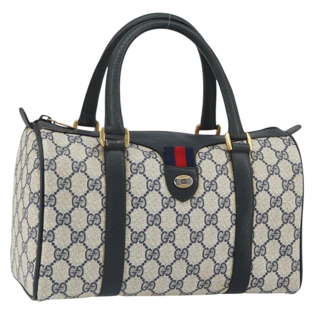 Gucci Boston Bag Navy GG Supreme Sherry Line PVC Leather 111 02 006: Gucci Boston Bag Navy GG Supreme Sherry Line PVC Leather 111 02 006 This is a Gucci GG Supreme Sherry Line Boston Bag crafted from PVC leather and GG canvas in navy, gold, and red. Made in Italy, this