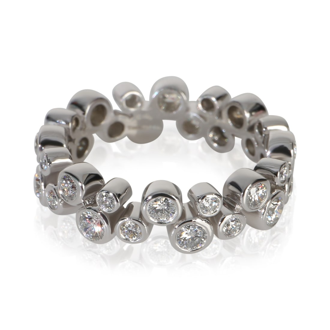 Tiffany & Co. Bubbles platinum diamond band size 4.75: Tiffany & Co. Bubbles platinum diamond band size 4.75 This Tiffany & Co. Bubbles band is crafted in platinum and features round brilliant diamonds with a total carat weight of 0.96. The ring is design