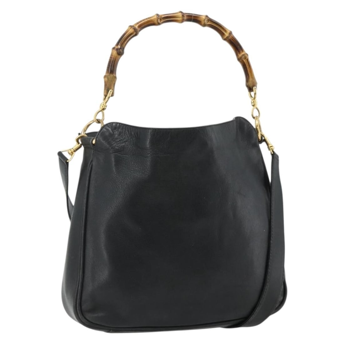 Gucci Leather Bamboo Shoulder Bag Black Gold with Strap: Gucci Leather Bamboo Shoulder Bag Black Gold with Strap This GUCCI Bamboo Shoulder Bag offers versatile 2-way styling and is crafted from black leather with gold accents. Designed for women, the bag f