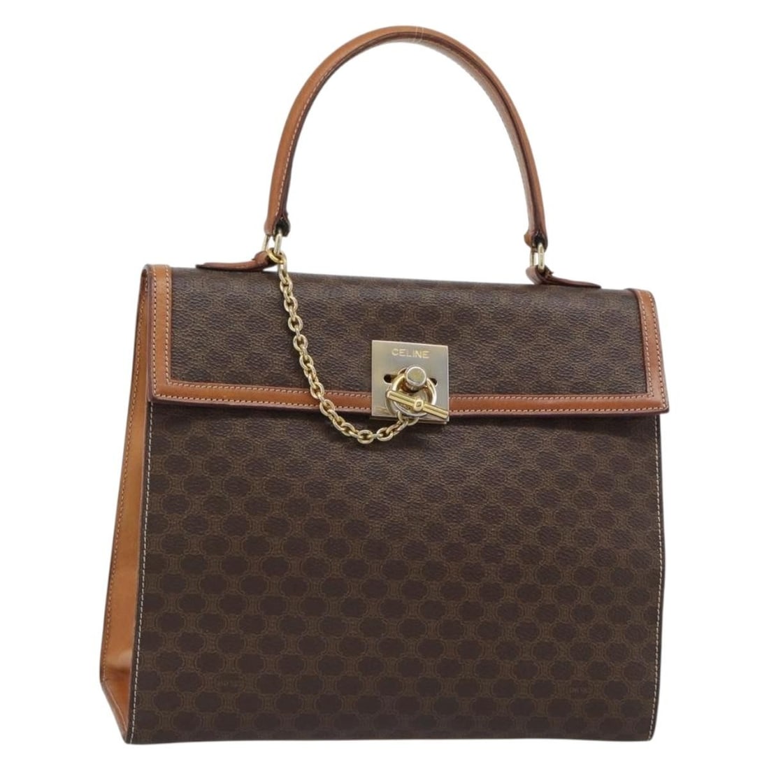 CELINE Macadam Brown PVC Leather Handbag Gold Tone Italy: CELINE Macadam Brown PVC Leather Handbag Gold Tone Italy CELINE Macadam canvas hand bag in brown and gold, made in Italy from PVC leather and Macadam canvas. This women's handbag has a structured size