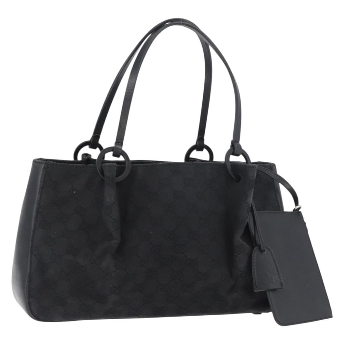 Gucci 94898 Black GG Canvas Tote Bag with Pouch: Gucci 94898 Black GG Canvas Tote Bag with Pouch Gucci tote bag in black GG Canvas, made in Italy. It comes with a pouch and is described as heavily used, with visible rubbing, scratches on the metal f
