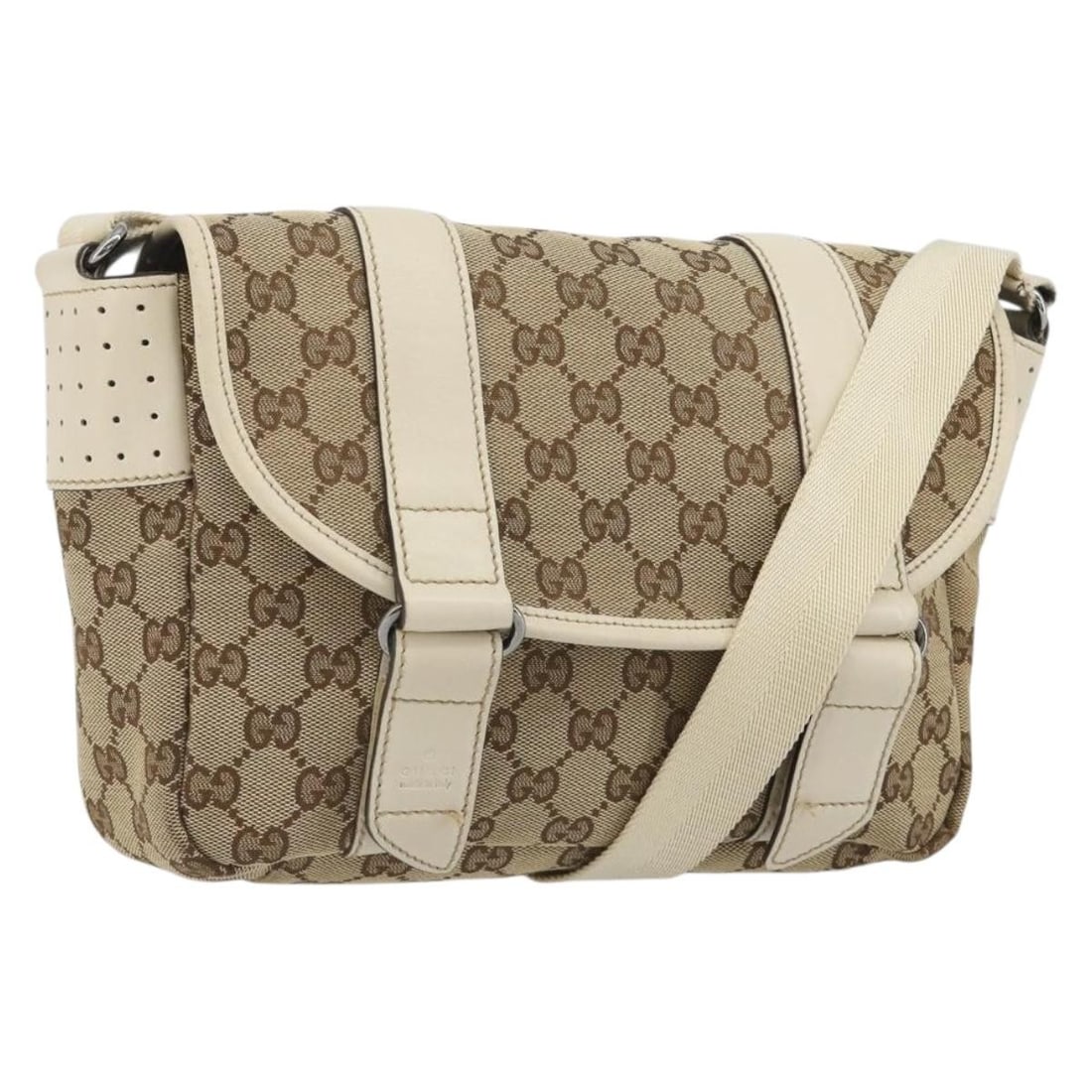Gucci 145858 GG Canvas Beige Shoulder Bag Silver Tone: Gucci 145858 GG Canvas Beige Shoulder Bag Silver Tone A Gucci shoulder bag crafted in beige GG canvas with silver-tone accents. It measures approximately W25cm x H16cm x D7cm, with a shoulder drop of 