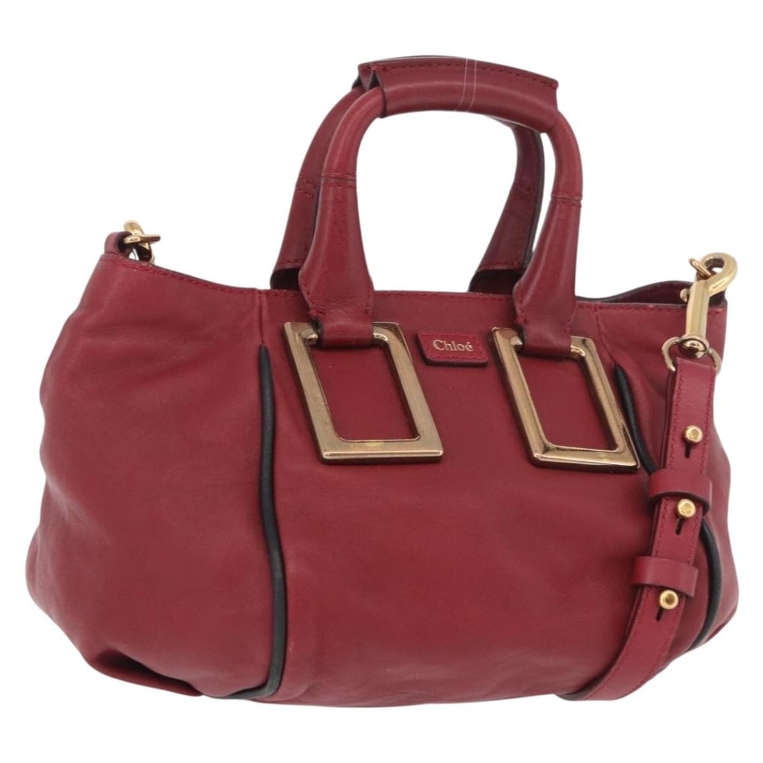 Chloe Etel 2way Leather Handbag Red with Dust Bag Strap: Chloe Etel 2way Leather Handbag Red with Dust Bag Strap Chloe leather 2-way handbag in red and gold, designed for women and made in Hungary. It comes with a dust bag and shoulder strap. The bag measur