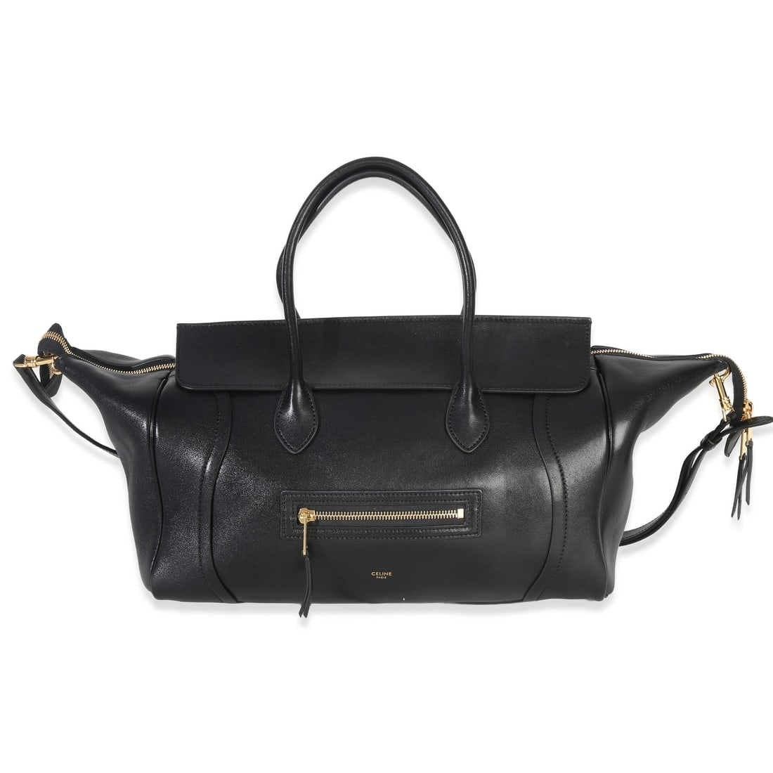 Celine Medium New Luggage Black Lambskin Top Handle Bag: Celine Medium New Luggage Black Lambskin Top Handle Bag Black Celine Medium New Luggage handbag in supple shiny lambskin leather with a top handle silhouette and zip-top closure. It features a suede l