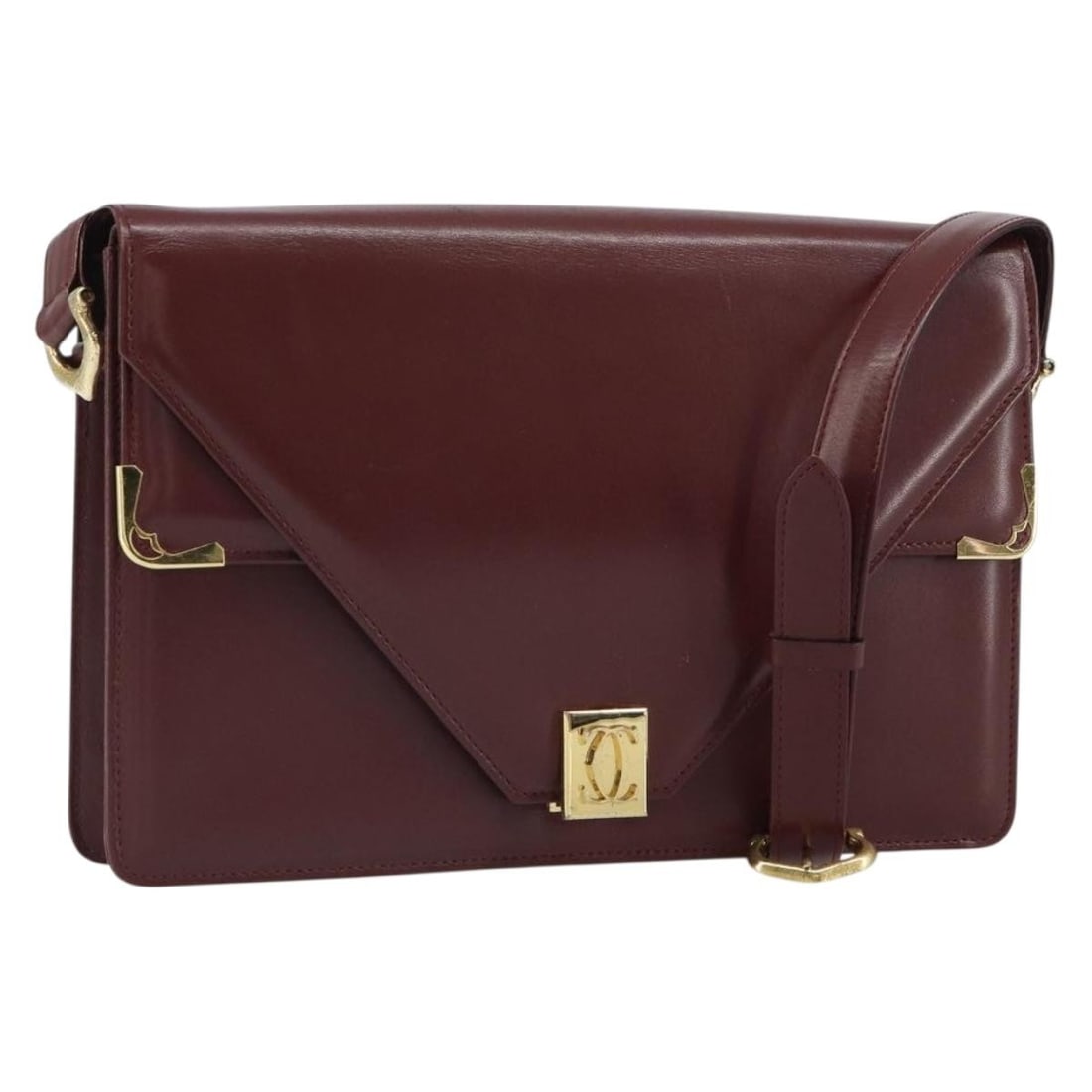 Cartier Must Line Bordeaux Leather Shoulder Bag Gold Accents: Cartier Must Line Bordeaux Leather Shoulder Bag Gold Accents This is a heavily used Cartier Must Line shoulder bag crafted from Bordeaux leather with gold-tone accents. The bag features a structured s